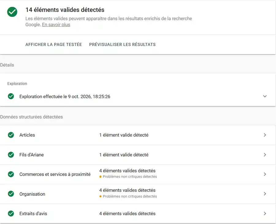 Test des résultats enrichis de Google sur oli-via-net.fr le 9 octobre 2026 : 14 éléments valides détectés, dont article, fil d’Ariane, commerces et services à proximité, organisation et extraits d’avis